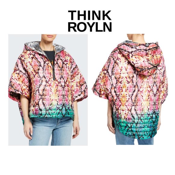 Think Royln The Heroine Oversized Quilted Python-Print Down Poncho Puffy XS/S